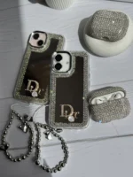 قاب Dior آینه ای دور نگین با آویز قلبی پاپیونی (کدC1989)