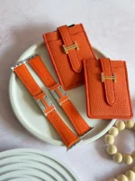 بند اپل واچ چرمی هرمس نارنجی با قفل طرح هرمس (کدw5075)